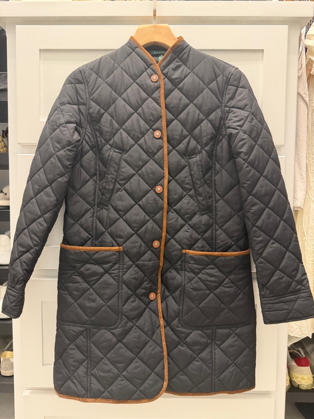 Ralph Lauren Black Quilted Long Jacket with Brown Accents